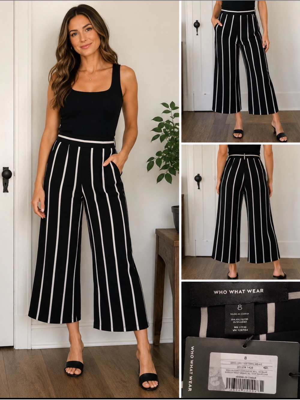 Who What Wear Size 8 Wide Leg Cropped Pants Black White Stripe NWT Pull On